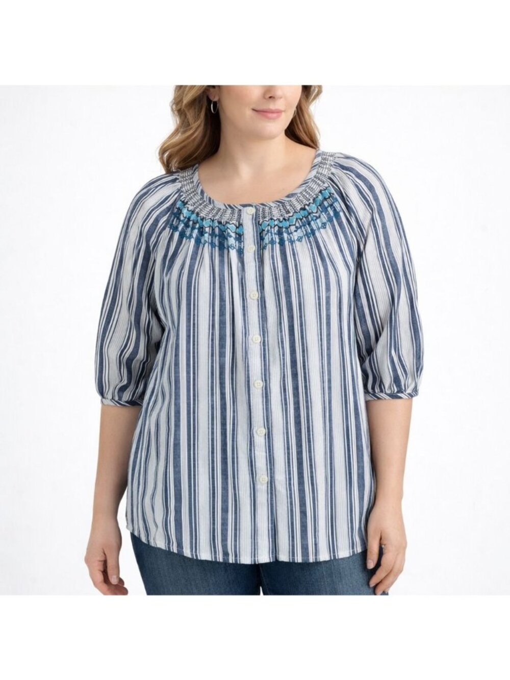 Catherines Womens Embroidered Smocked Peasant Top Blue Stripe Plus Size 0X